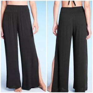 Kona Sol Smocked Waist Side Slit Cover Up Black Small